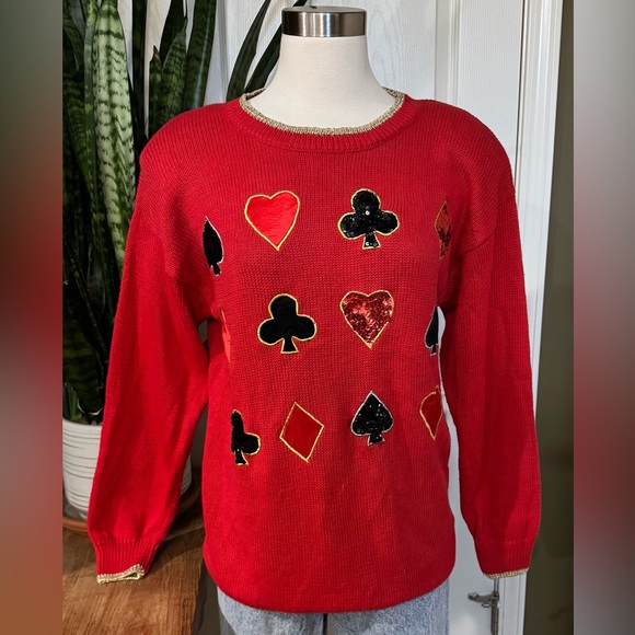 Vintage Casino Card Suit Sequin Sweater Y2K Alice Wonderland medium